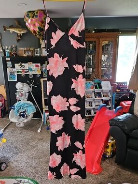 Black Slip Dress with Pink Floral Print